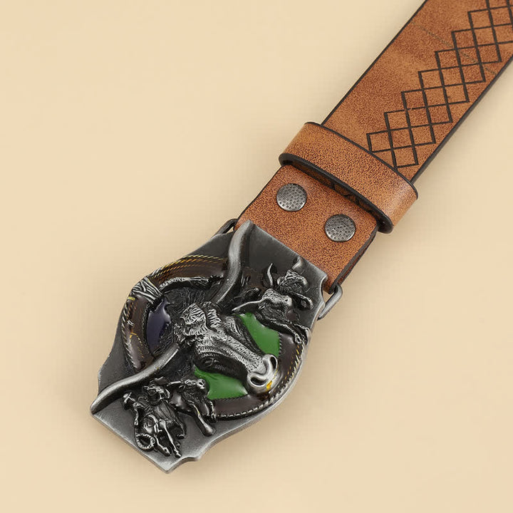 Ceinture en cuir de taureau sculpté à longues cornes pour homme