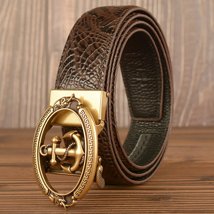 Ceinture en cuir gaufré crocodile pour homme, motif ancre nautique