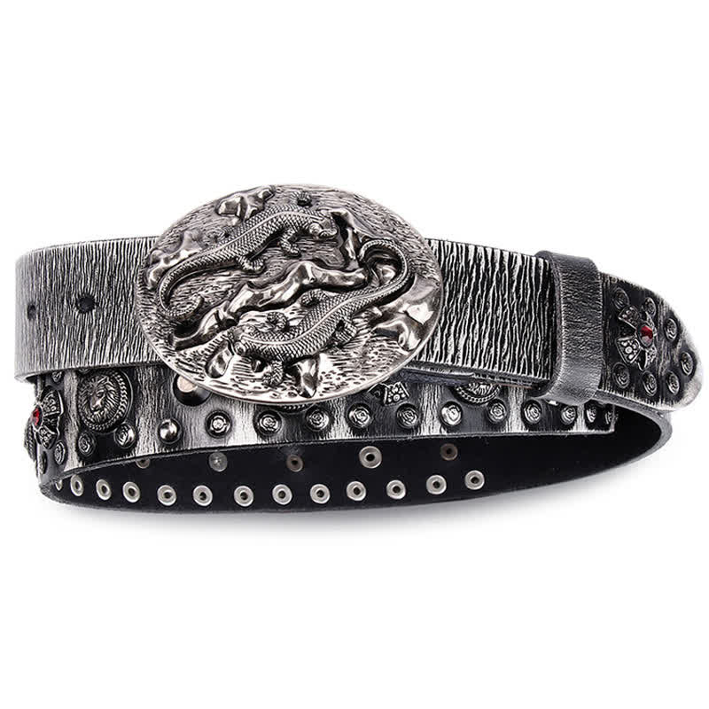 Ceinture en cuir cloutée à ornement lion rubis pour homme