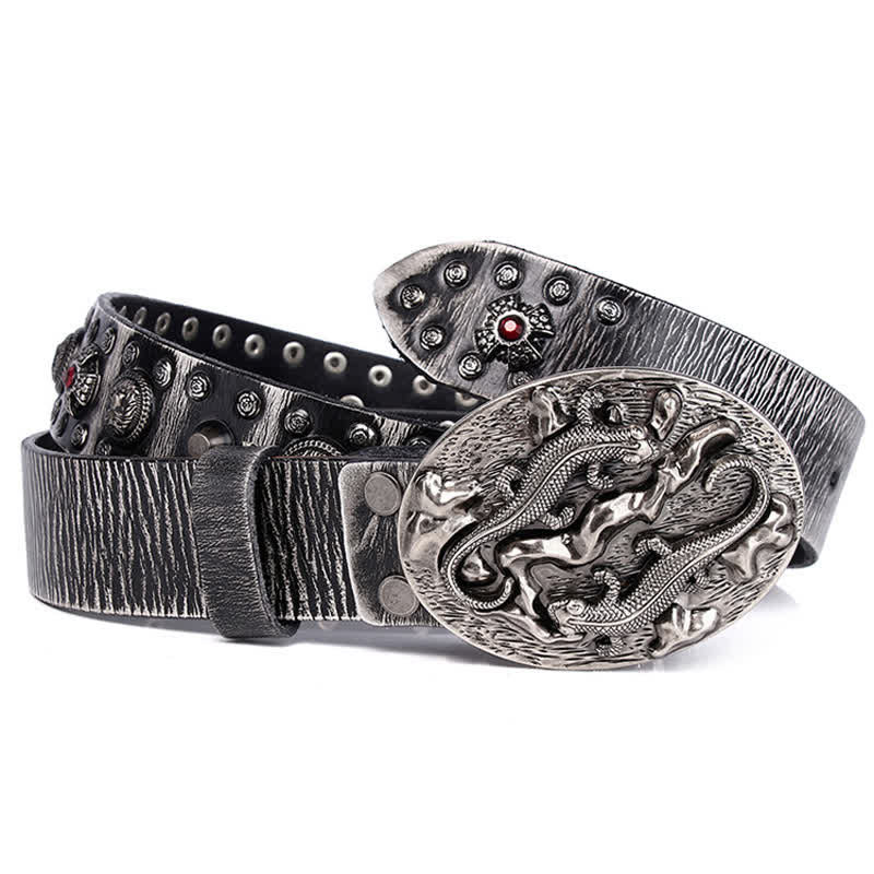 Ceinture en cuir cloutée à ornement lion rubis pour homme
