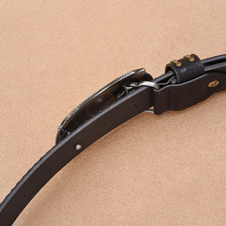 Ceinture en cuir de taureau à longues cornes dorées et rivets punk pour homme