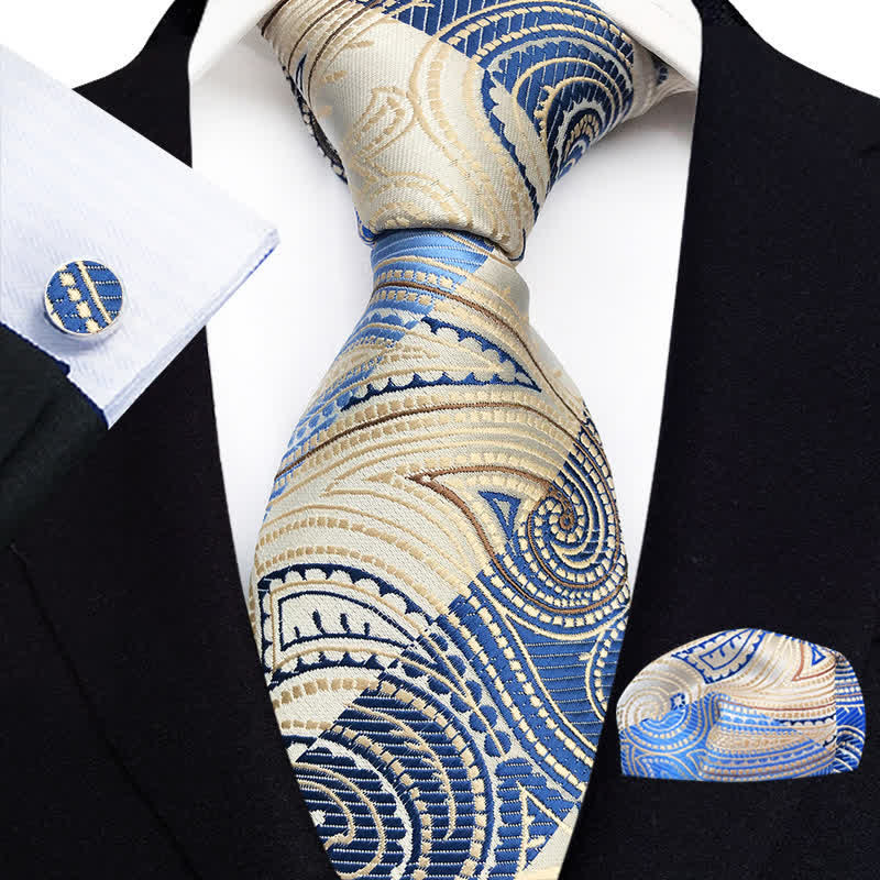 Ensemble de 3 cravates pour homme à motif cachemire bleu et champagne