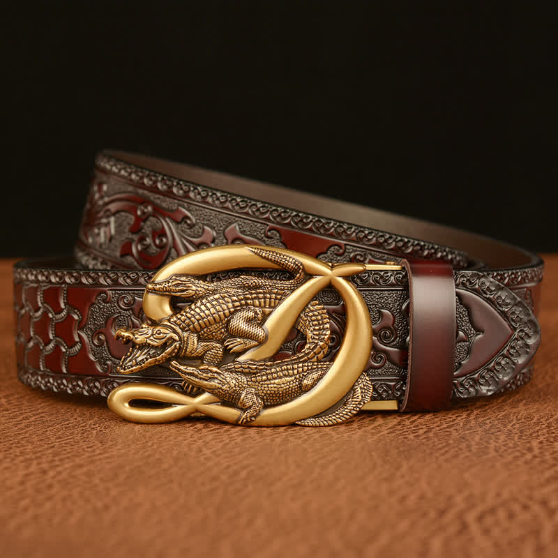 Ceinture en cuir gaufré avec boucle crocodile pour homme