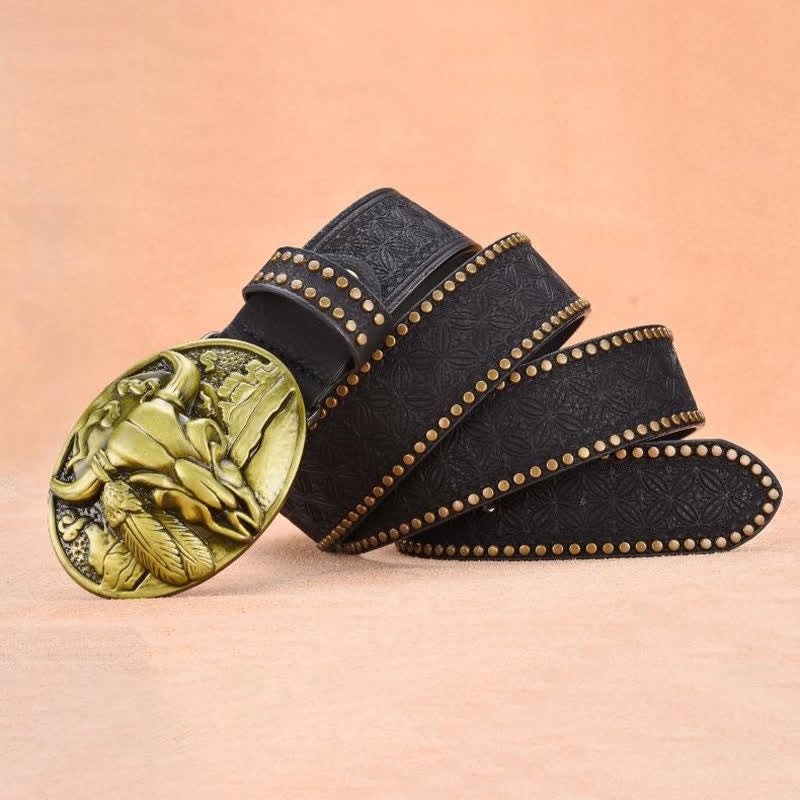 Ceinture en cuir avec boucle et rivets pour homme avec tête de taureau
