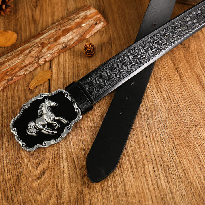 Ceinture en cuir noir argenté pour homme avec cheval au galop