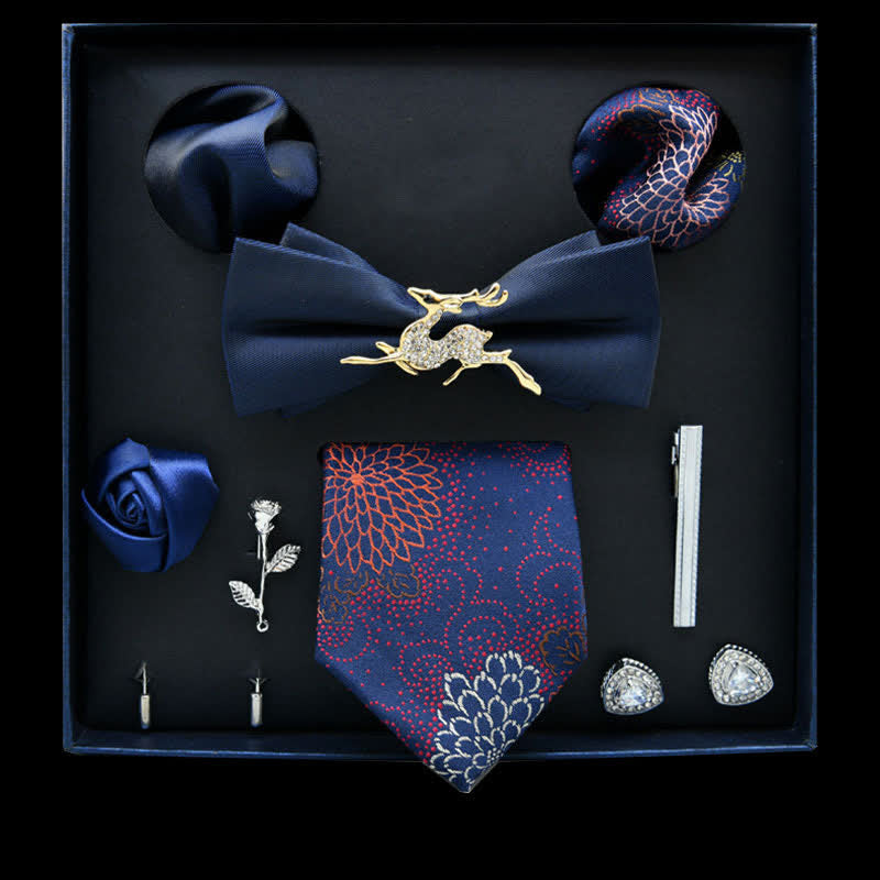 Lot de 8 nœuds papillon décontracté à motif floral bleu marine et rouge, coffret cadeau