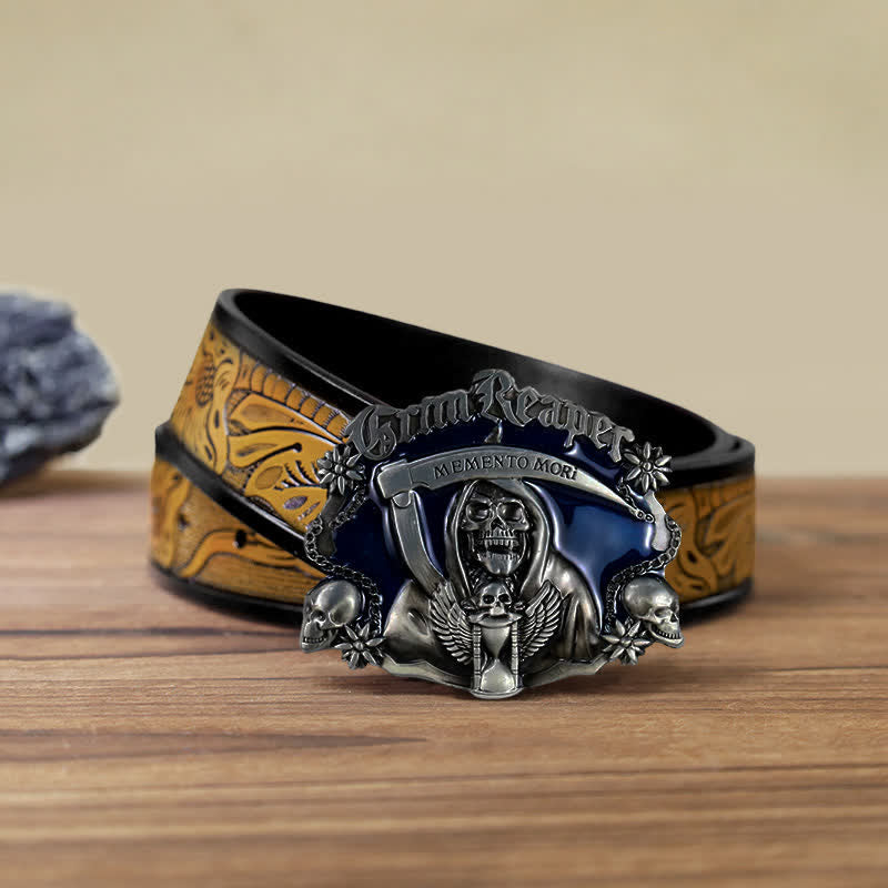 Ceinture en cuir à boucle tête de mort et faucille pour homme