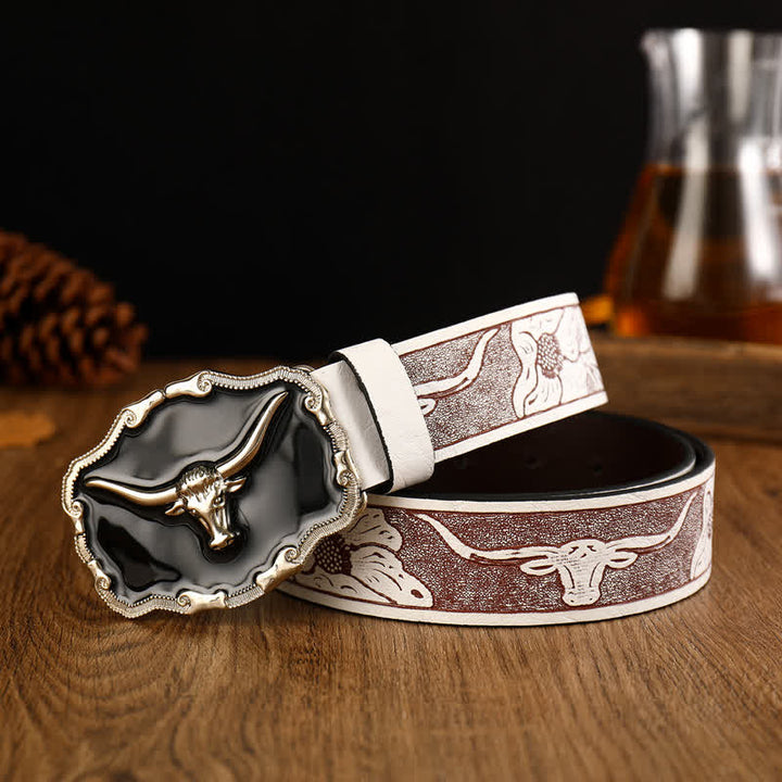Ceinture en cuir noir pour homme avec tête de taureau Western Longhorn