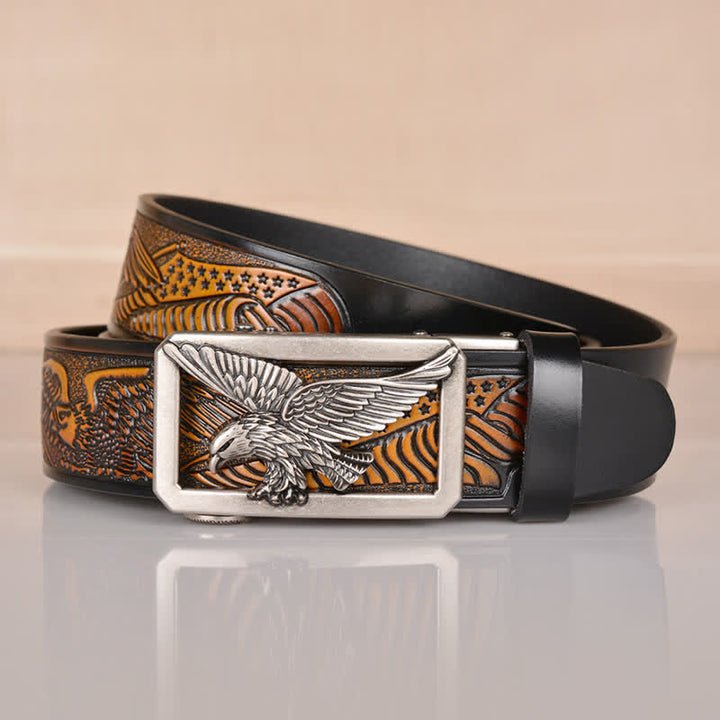 Ceinture en cuir gaufré à boucle aigle creuse pour homme