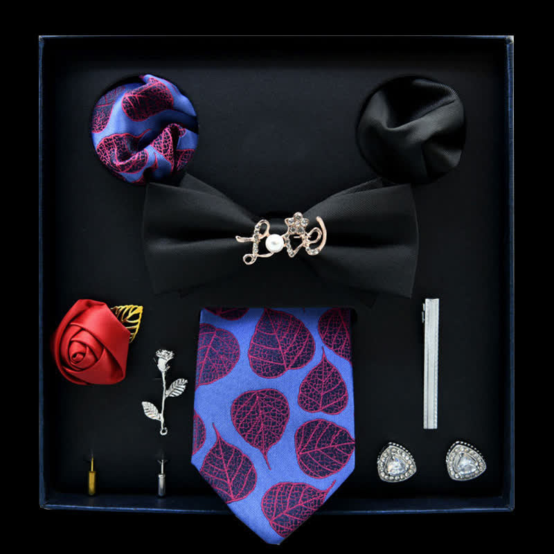 Lot de 8 nœuds papillon décontracté à motif floral noir et bleu bleut, coffret cadeau