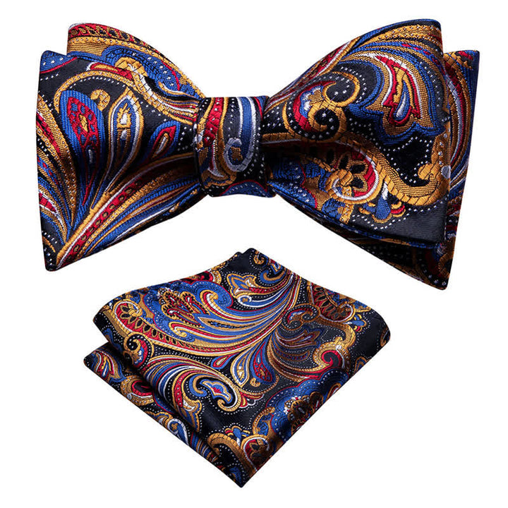 Lot de 2 mouchoirs de poche pour homme avec nœud papillon et motif cachemire doré et bleu