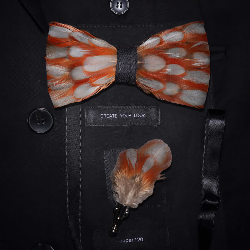 Nœud papillon en plumes orange et blanc avec épingle à revers
