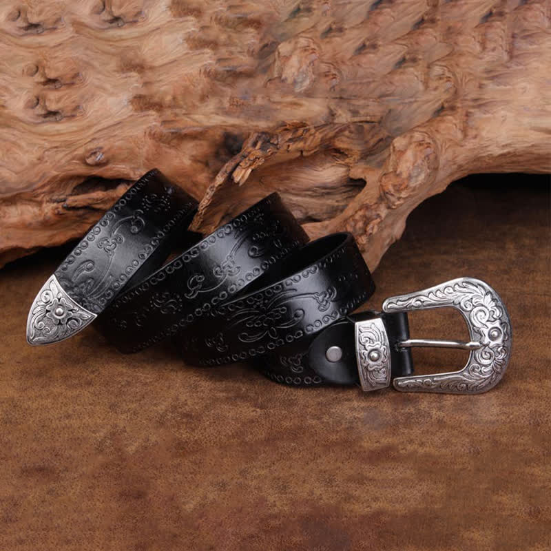 Ceinture unisexe en cuir à imprimé floral et texture rustique