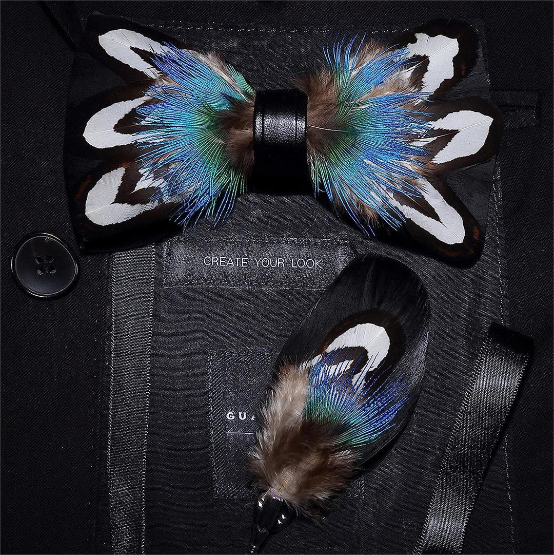 Nœud papillon en plumes de paon nobles bleu et noir avec épingle à revers