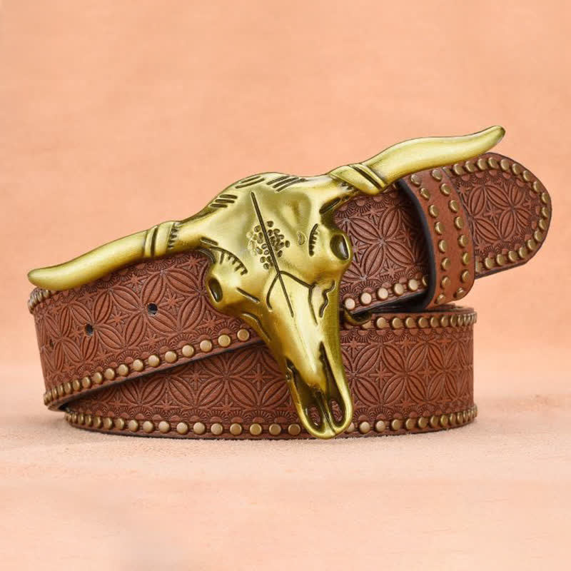 Ceinture en cuir gaufré à rivets tête de bétail western pour homme