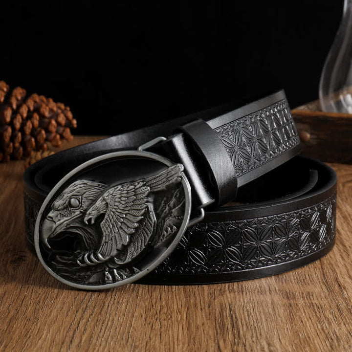 Ceinture en cuir avec boucle en forme d'aigle à tête sculptée blanche pour homme
