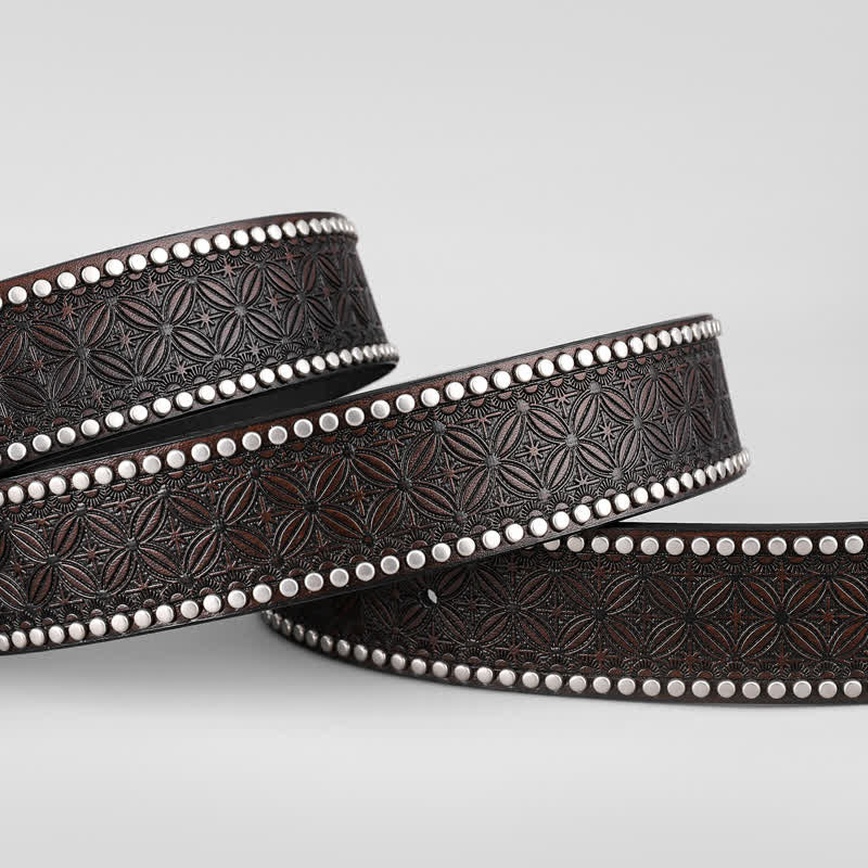 Ceinture en cuir pour homme avec décor de rivets et cheval de course doré