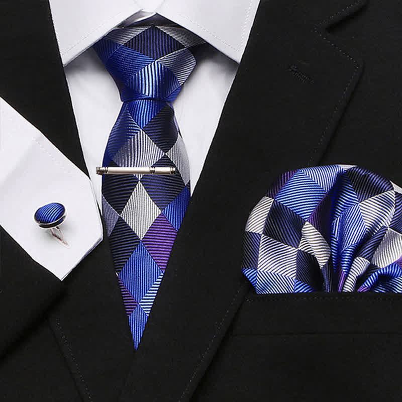 Ensemble de 4 cravates à carreaux bleu marine et blanc pour homme