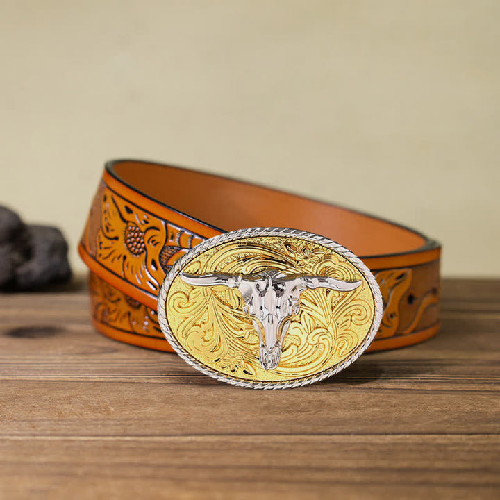 Ceinture en cuir à boucle tête de taureau dorée brillante pour homme
