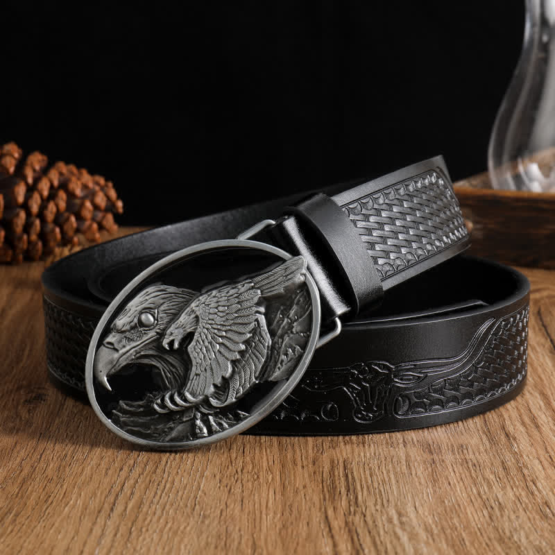 Ceinture en cuir avec boucle en forme d'aigle à tête sculptée blanche pour homme