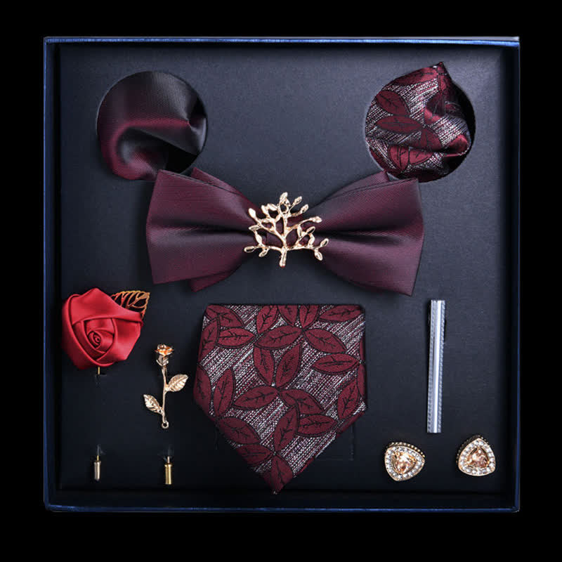 Lot de 8 nœuds papillon décontracté à fleurs bordeaux, coffret cadeau