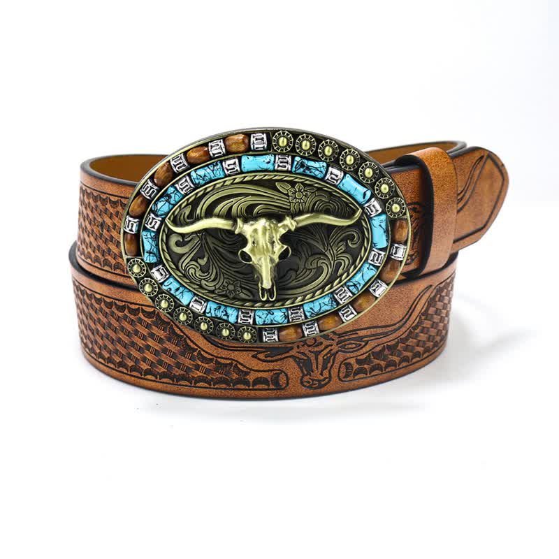 Ceinture en cuir de taureau turquoise pour homme style western cowboy