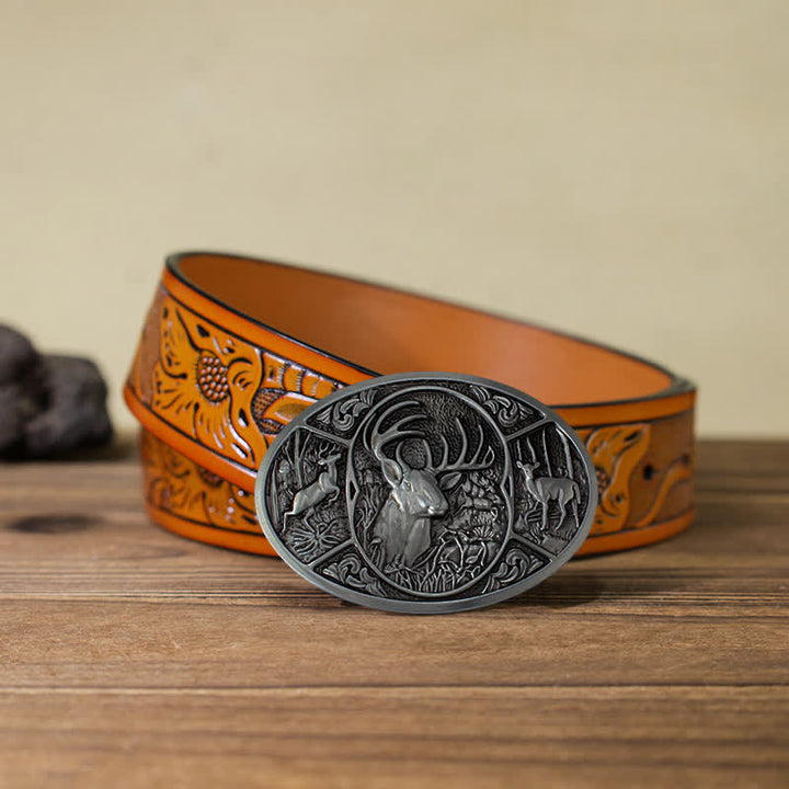 Ceinture en cuir à boucle pour homme avec motif animal, élan et cerf