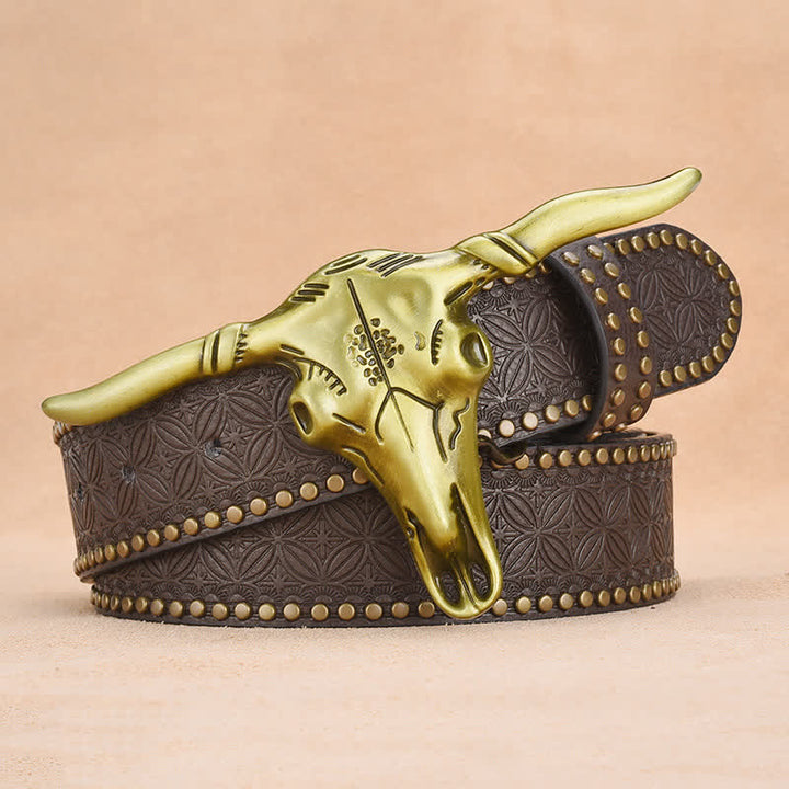 Ceinture en cuir gaufré à rivets tête de bétail western pour homme