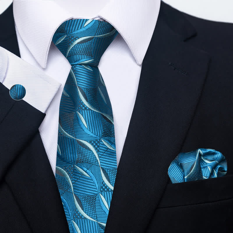 Ensemble de 3 cravates pour hommes bleu sarcelle et bleu azur à vagues