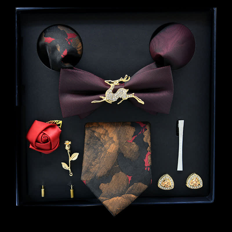Lot de 8 nœuds papillon décontracté à fleurs bordeaux et or, coffret cadeau