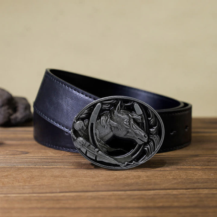 Ceinture en cuir avec boucle en émail noir pour homme en forme de fer à cheval