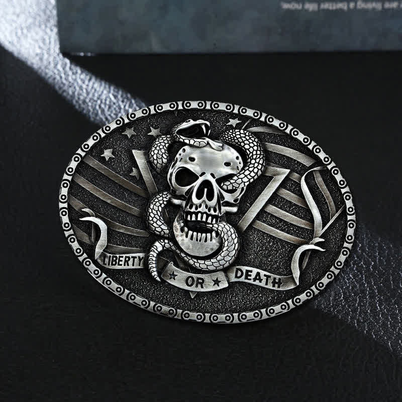 Ceinture en cuir à boucle tête de mort et serpent « Liberty or Death » pour homme