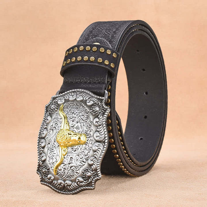 Ceinture en cuir de taureau à longues cornes dorées et rivets punk pour homme