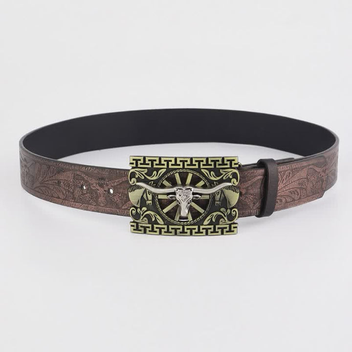Ceinture en cuir pour homme avec boucle creuse en bronze et taureau