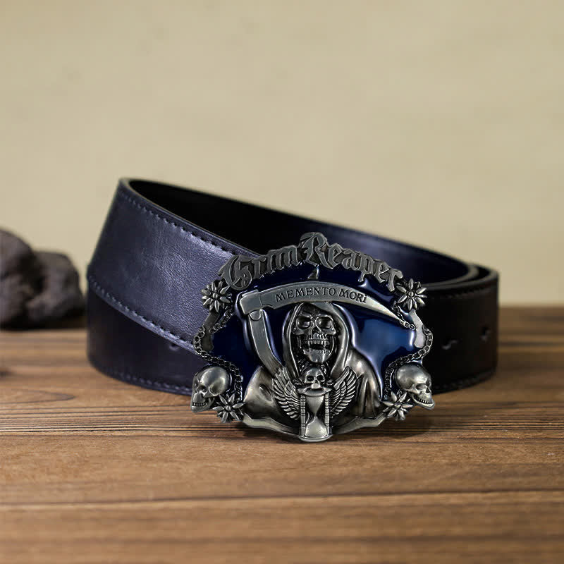 Ceinture en cuir à boucle tête de mort et faucille pour homme