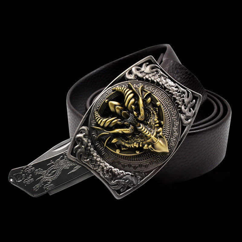 Ceinture en cuir pour homme avec dragon à bec pointu et couteau pliant