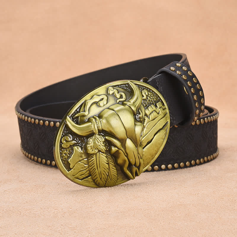 Ceinture en cuir avec boucle et rivets pour homme avec tête de taureau