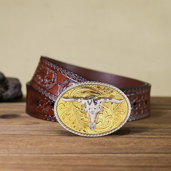Ceinture en cuir à boucle tête de taureau dorée brillante pour homme
