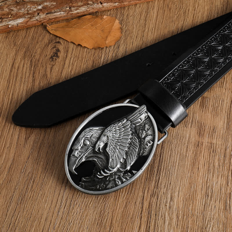 Ceinture en cuir avec boucle en forme d'aigle à tête sculptée blanche pour homme