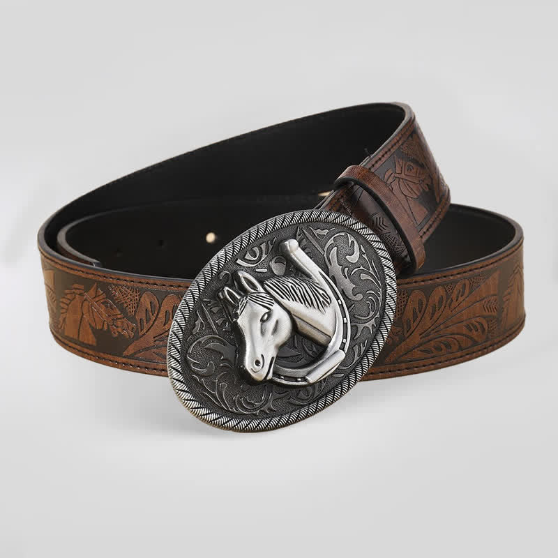 Ceinture en cuir marron à motif tête de cheval en relief pour homme