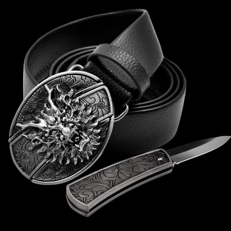 Ceinture en cuir pour homme avec tête de dragon et couteau pliant