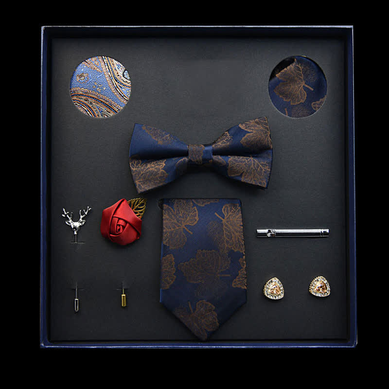 Lot de 8 nœuds papillon vintage bleu marine et marron à motif de feuilles, coffret cadeau
