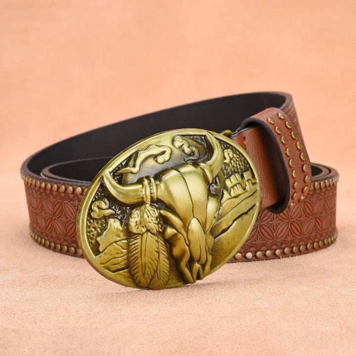 Ceinture en cuir avec boucle et rivets pour homme avec tête de taureau