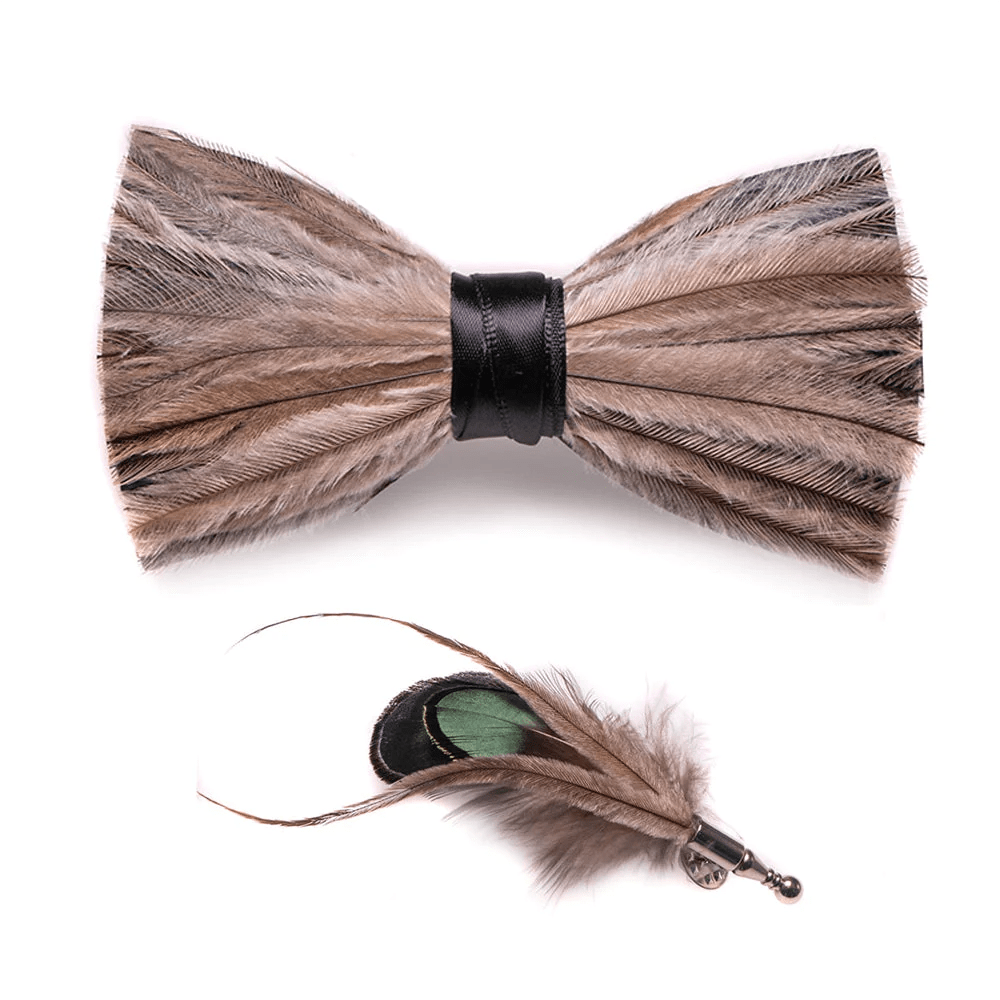 Nœud papillon marron et gris avec plumes de la paix et épingle à revers