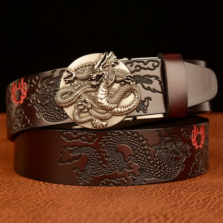 Ceinture en cuir à boucle automatique ronde pour homme avec motif dragon de flamme