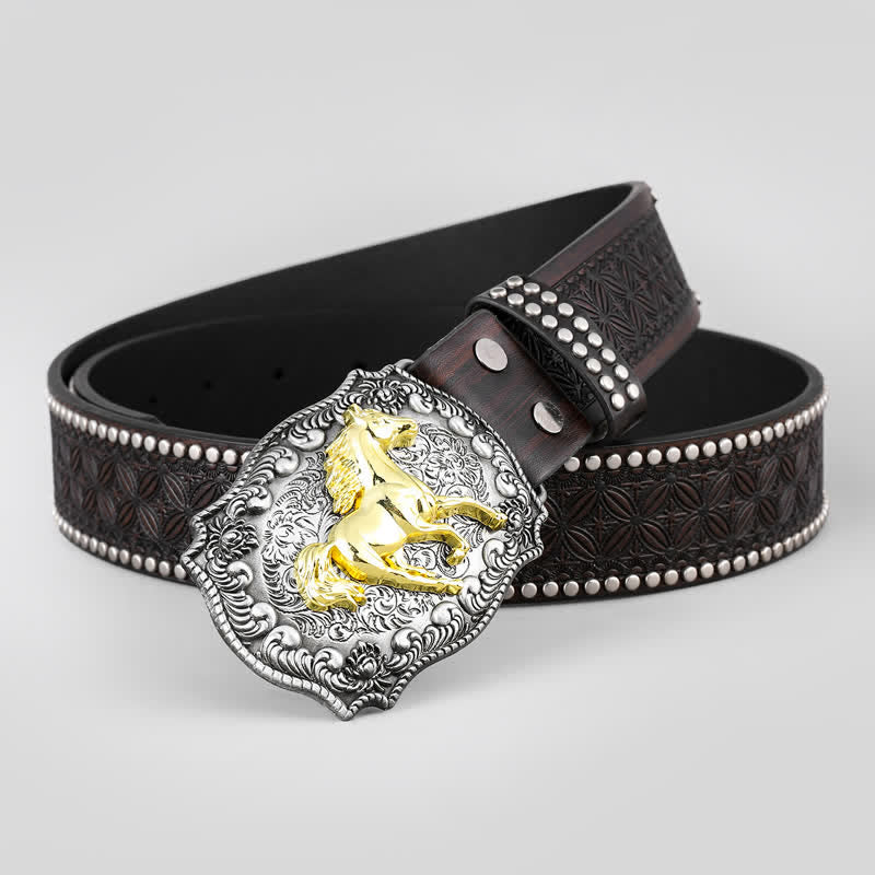 Ceinture en cuir pour homme avec décor de rivets et cheval de course doré