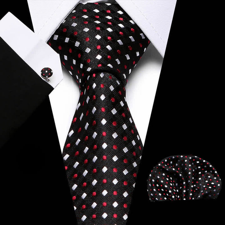 Ensemble de 3 cravates noires à pois rouges et à carrés blancs pour hommes