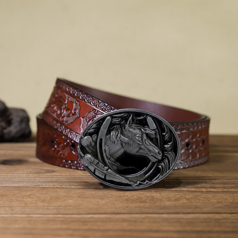 Ceinture en cuir avec boucle en émail noir pour homme en forme de fer à cheval