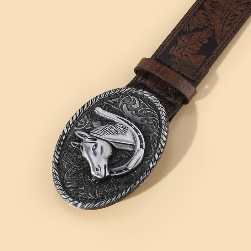 Ceinture en cuir marron à motif tête de cheval en relief pour homme