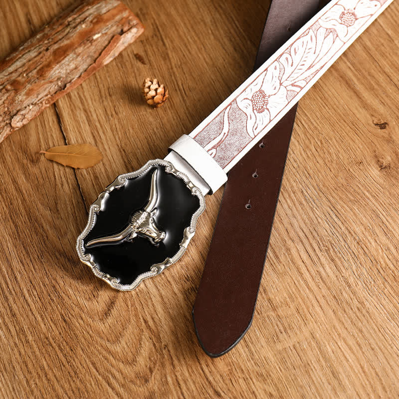 Ceinture en cuir noir pour homme avec tête de taureau Western Longhorn